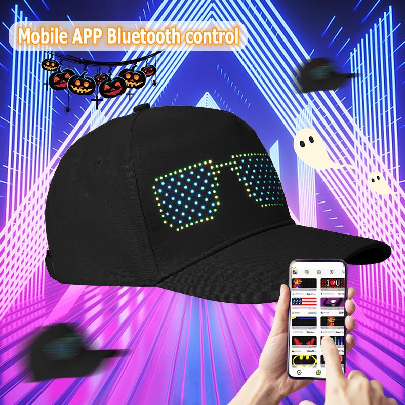 LED Display Hat Programmable Pattern Gif Baseball Cap for Men and Women Halloween Party Club Logo Help Street Parade Sun Protection Gift Mask (Black)