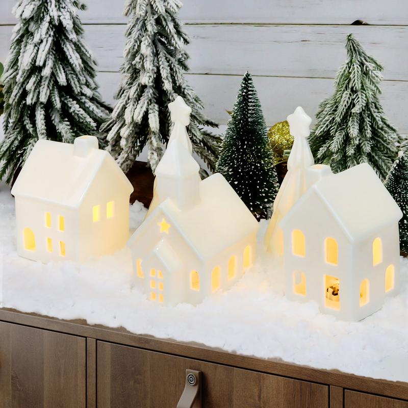 5 pcs Ceramic Christmas Village Set - Includes 3 Illuminated Houses & 2 Trees with Battery Powered LED Lights - Festive Holiday Decor for Christmas, Thanksgiving & Hanukkah - Gift-Ready Centerpiece Decoration