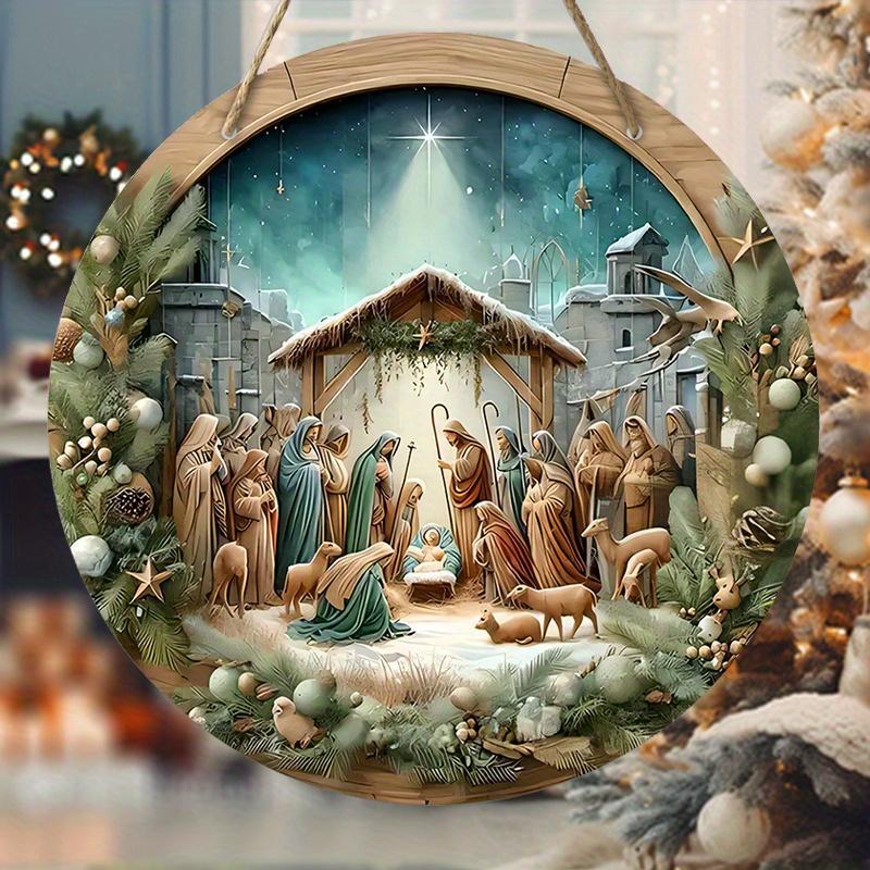 Wooden Nativity Scene Sign, Round Guard Jesus Sign, Wall Hanging Decor for Church Door, Festive Decorations, Ideal Gift for Christian