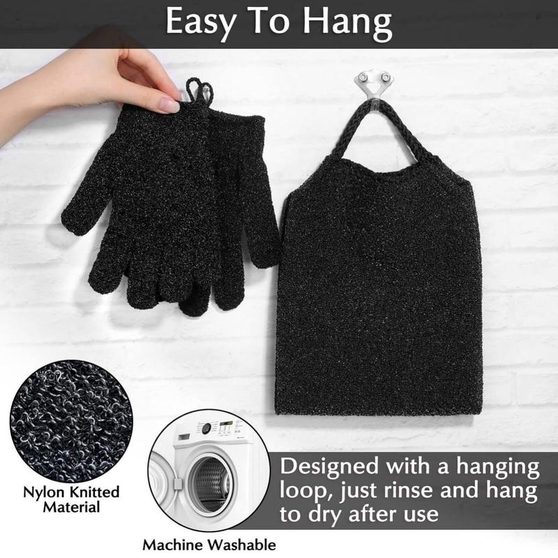 Exfoliating Back Scrubber Bath Gloves Set, Exfoliating Shower Towel with Shower Gloves for Body Scrub, Back Cleaner Wash Gloves to Remove Dead Skin (Black) Accessories