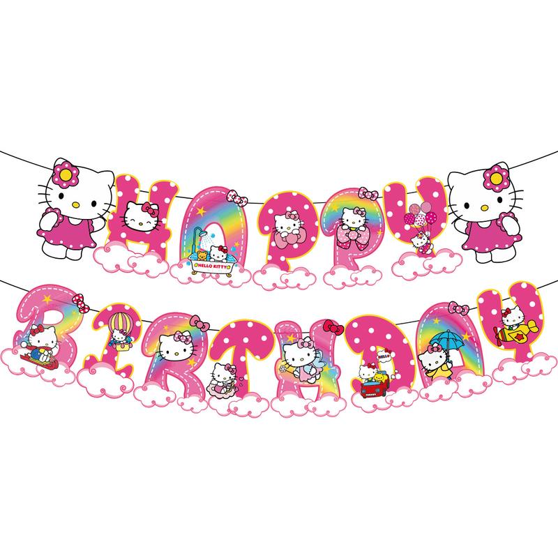 Hello kitty theme birthday party supplies KT cat flag banner balloon cake insertion decoration set