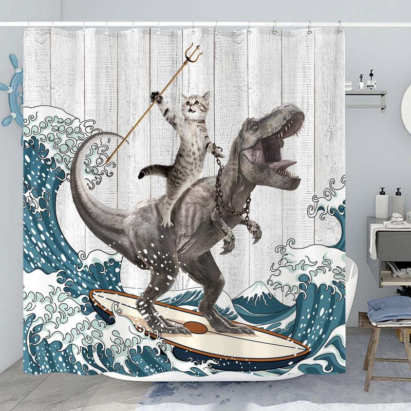 Funny Dinosaur Shower Curtain Brave Cat Shower Curtain Waves Ocean Decor Fabric Shower Curtain Set with 12 Hooks