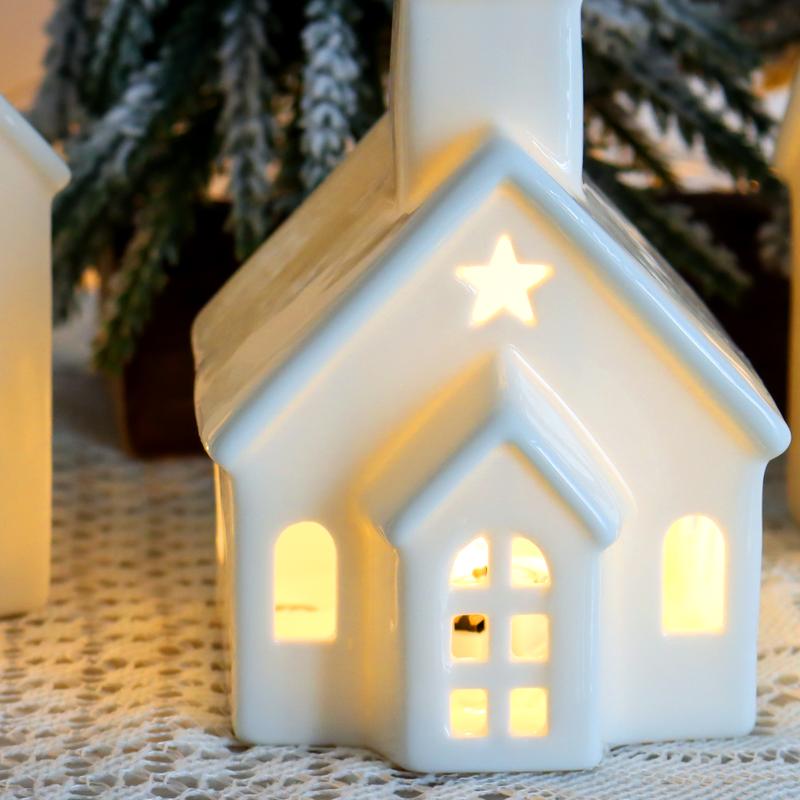 5 pcs Ceramic Christmas Village Set - Includes 3 Illuminated Houses & 2 Trees with Battery Powered LED Lights - Festive Holiday Decor for Christmas, Thanksgiving & Hanukkah - Gift-Ready Centerpiece Decoration