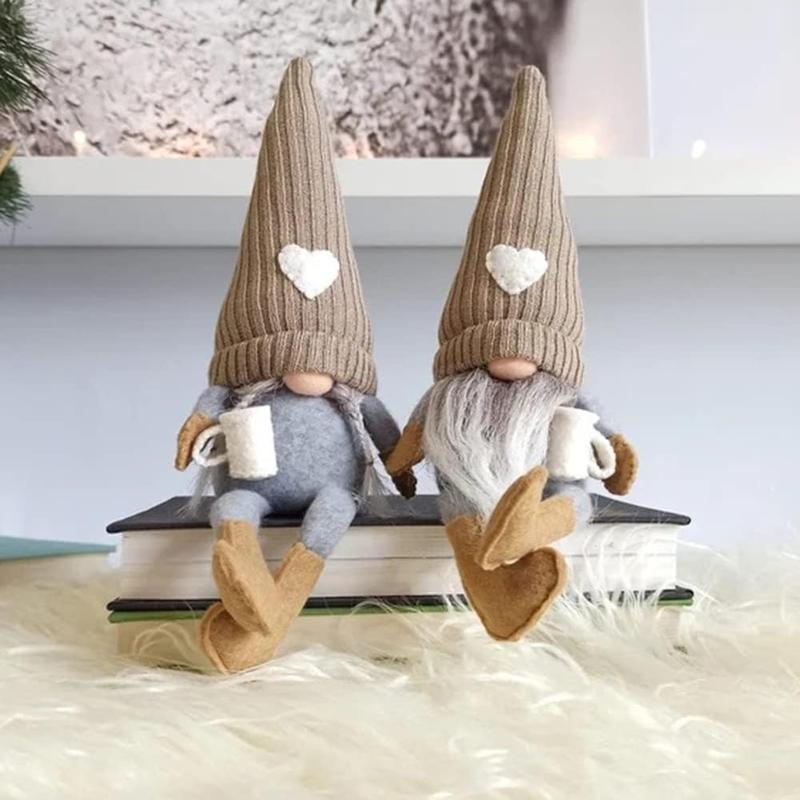 2 Pcs Gnomes Plush  Decor, Handmade Swedish Tomte Gnomes Gifts Farmhouse Scandinavian Figurine for Home Kitchen Coffee Station Table Shelf Decor (Brown)