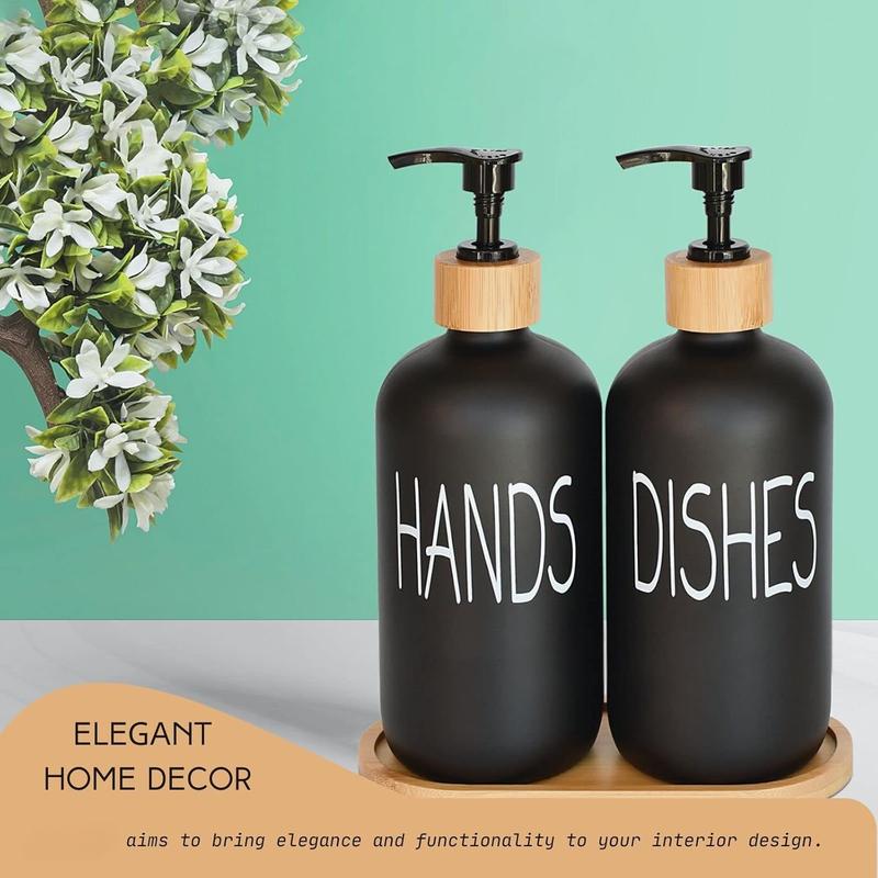 Glass Soap Dispenser Set with Bamboo Tray, Vintage Hand & Dish Soap Dispensers for Kitchen Sink or Bathroom, Permanent Labels (Matte Black)