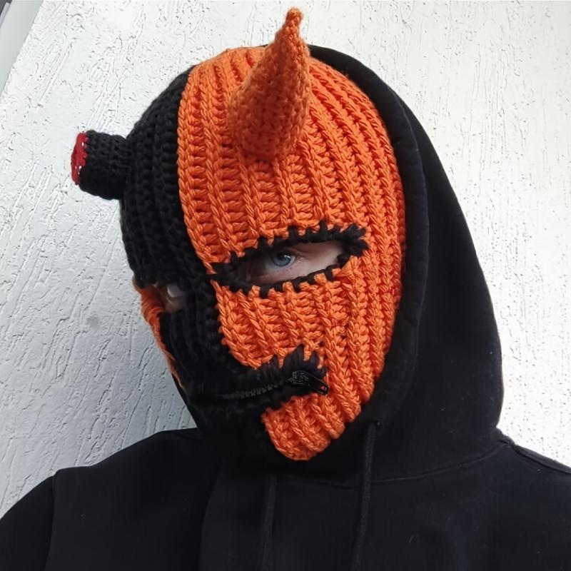 1pc Knitted Funny Unisex Devil Horn Mask, Cool Creative Headgear for Festival Party, Autumn and Winter Handmade Hip-hop Warm Hat