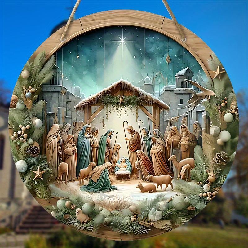 Wooden Nativity Scene Sign, Round Guard Jesus Sign, Wall Hanging Decor for Church Door, Festive Decorations, Ideal Gift for Christian