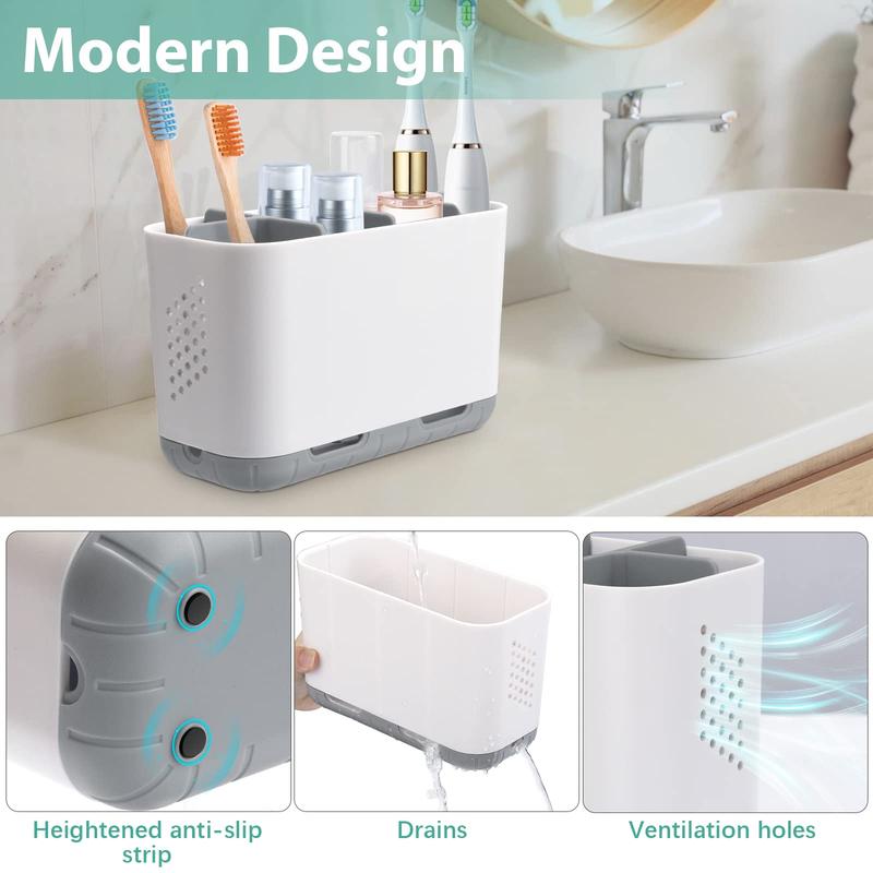 Toothbrush and Toothpaste Holder Drainage for Bathroom Countertop with Adjustable Dividers , Large Toothpaste Caddy Organizer Storage Rustic Decor Set Anti- slip for Shower,Family -  Gray