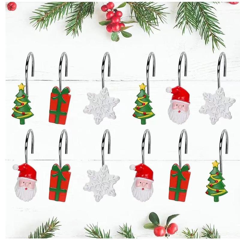 Christmas Themed Shower Curtain Hook, 12pcs set Cute Santa Claus & Snowflake & Gift Box Design Shower Curtain Hook, Bathroom Accessories for Home Salon Dormitory Hotel