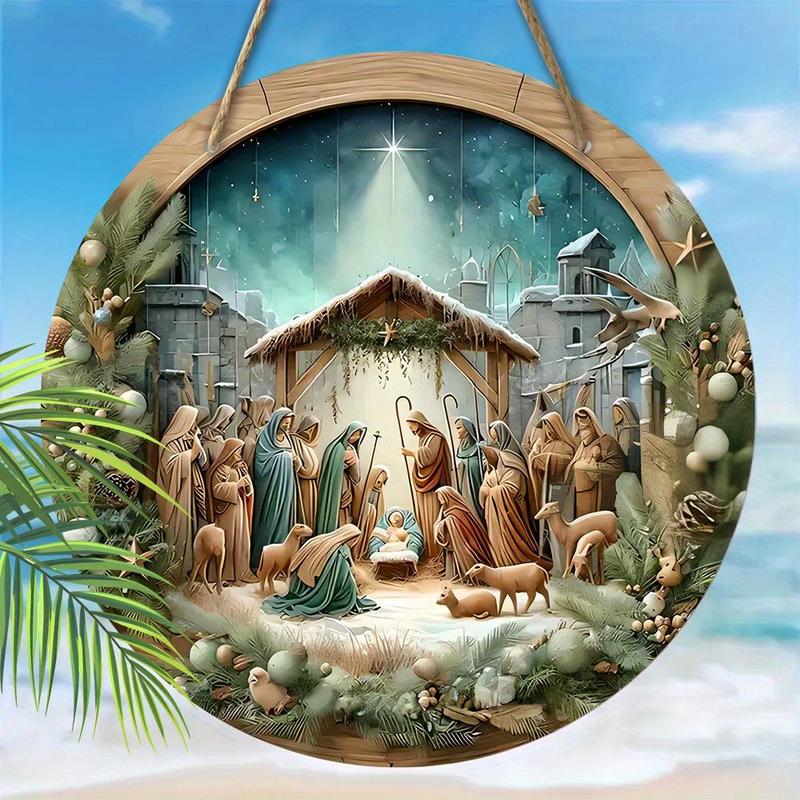 Wooden Nativity Scene Sign, Round Guard Jesus Sign, Wall Hanging Decor for Church Door, Festive Decorations, Ideal Gift for Christian