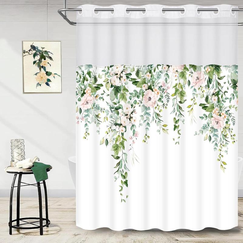 Effortless Elegance: White Hotel No-Hook Shower Curtain Set with Green Leaf Design & Double Layer Luxury