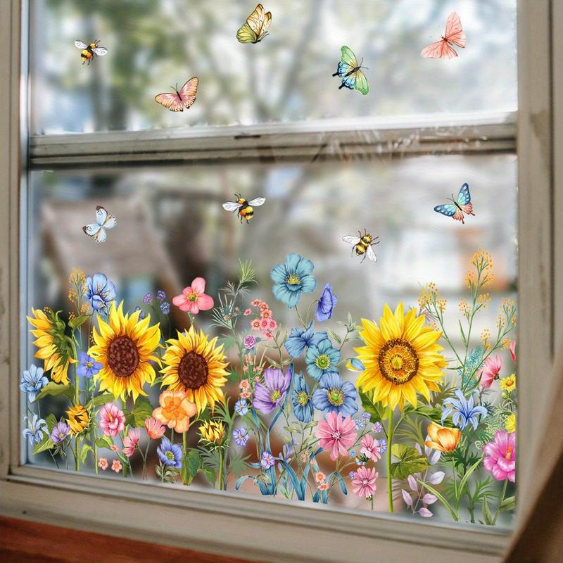 Flower Pattern Window Sticker, Removable Self-adhesive Window Decal, Sunflower Pattern Window Sticker, Home Office Window Decor