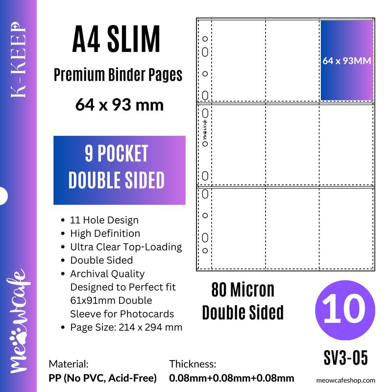 K-KEEP [A4 Slim] - 9 Pocket Double Sided Page (64x93mm) - 11 Holes Premium Binder Pages, 100 Micron Thick, High Definition (SV3-05)