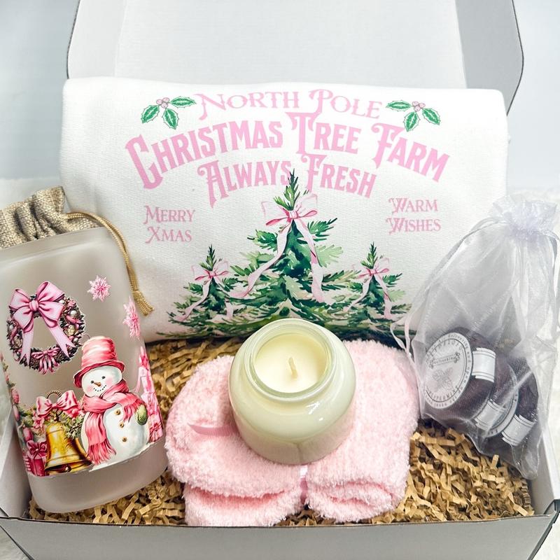 Pink Christmas Gift Box Holiday Present Christmas Care Package Holiday Sweater Christmas Decor Holiday Sweatshirt Christmas Cup Hot Cocoa Santa Claus Sweatshirt Christmas Gift Best Friend Gift Box Sister Present Girlfriend Gift Box