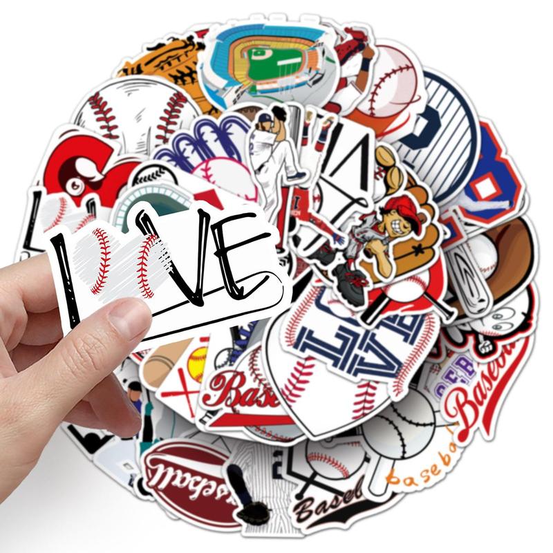 50pcs Random Baseball Pattern Sticker, Waterproof Self Adhesive Decor Paper, Decor Sticker for Gift Greeting Card Water Bottle Laptop Phone