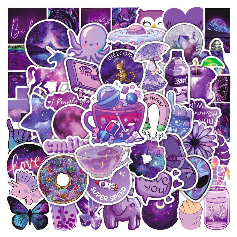 Cartoon Purple Series Sticker, 50pcs Waterproof Sticker Pack for Wall Water Bottle Skateboard Helmet Car Bike Luggage Laptop, Self-adhesive Naughty Stickers, Party Supplies