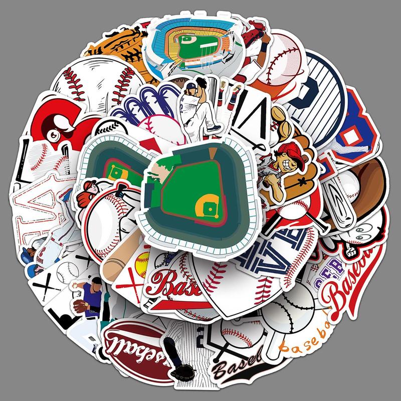 50pcs Random Baseball Pattern Sticker, Waterproof Self Adhesive Decor Paper, Decor Sticker for Gift Greeting Card Water Bottle Laptop Phone