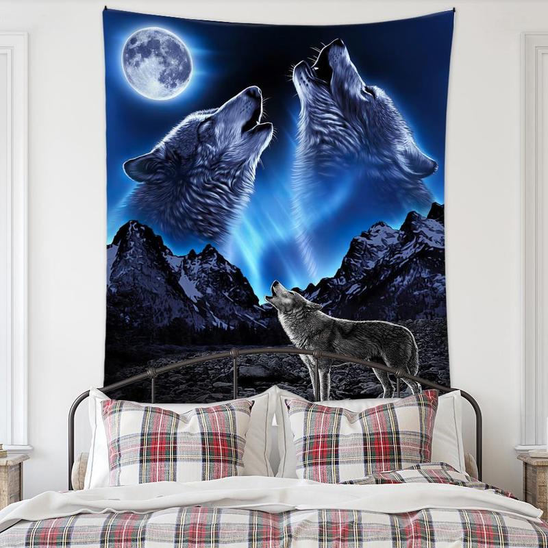 Wolf and Moon Pattern Wall Tapestry, 1 Count Modern Artwork Decorative Hanging Blanket with Accessory, Wall Decor for Living Room Bedroom, Festival Decorations for Home Spring Decor 2024, Ideal for Holiday, Cool Bedroom Accessories