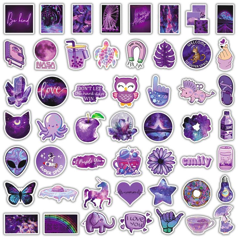 Cartoon Purple Series Sticker, 50pcs Waterproof Sticker Pack for Wall Water Bottle Skateboard Helmet Car Bike Luggage Laptop, Self-adhesive Naughty Stickers, Party Supplies