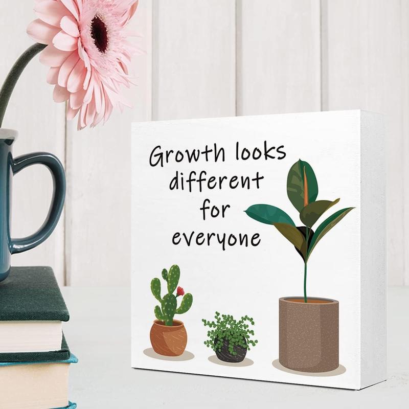 Plant Pattern Wooden Block Sign, 1 Count Plant & Motivational Wooden Sign, Desktop Ornament for Home Office, Inspirational Gift for Coworker Friend