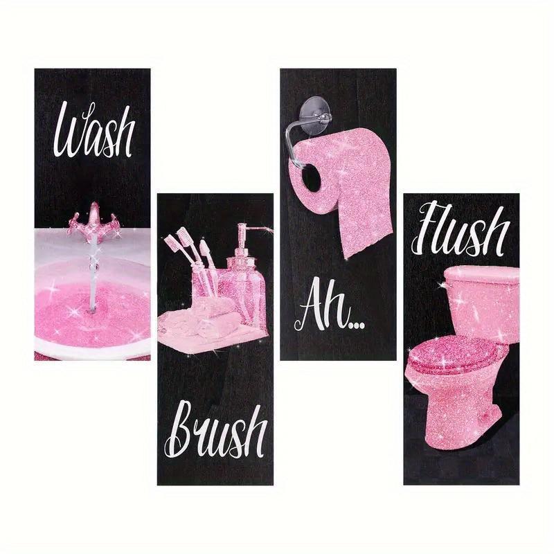 4 PCS Pink Glitter Wooden Signs for Bathroom Wall Decor - Electricity-Free, Non-Feathered Hanging Art Plaques with Wash, Brush, Flush, Ah Quotes - 10x4 Inches for Home & Party Decorations