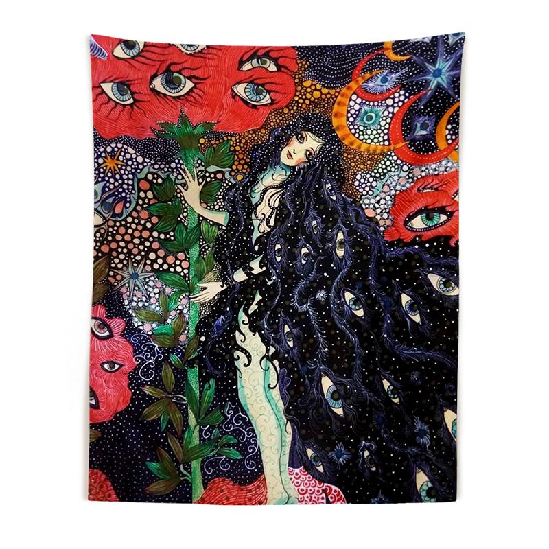 Psychedelic Girl Tapestry Wall Hanging Botanical Celestial Floral Tapestry Hippie Eye Wall Carpets Dorm Decor Starry SkyCarpet Flowers