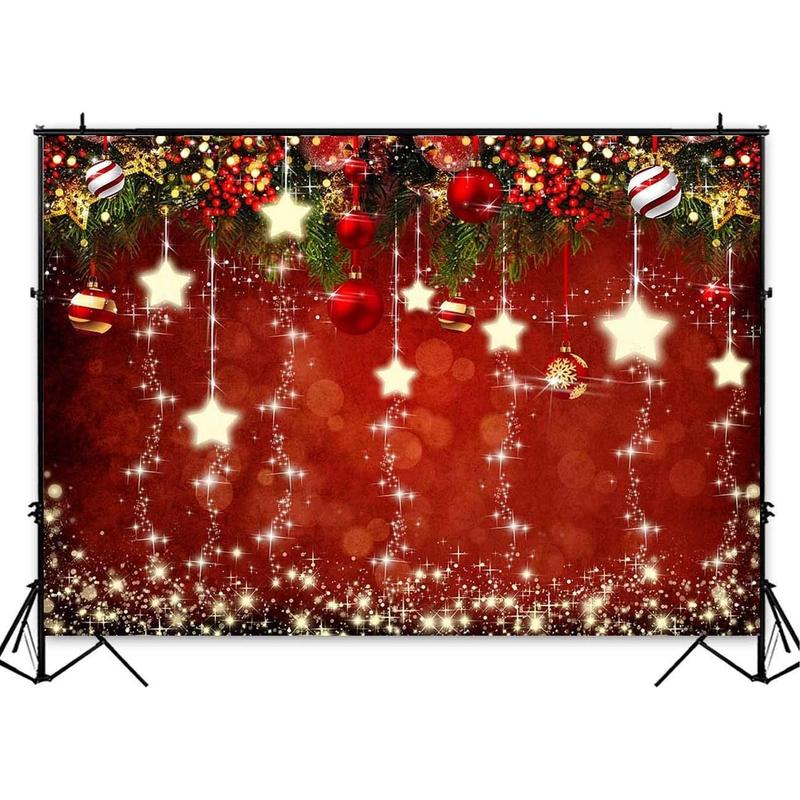 Red Christmas Theme Sparkling Photography Backdrops Snowflake Xmas Ball 5x3ft Happy New Year Family Party Decoration Photo Star Background   Portrait Photo Booth Studio Props Banner