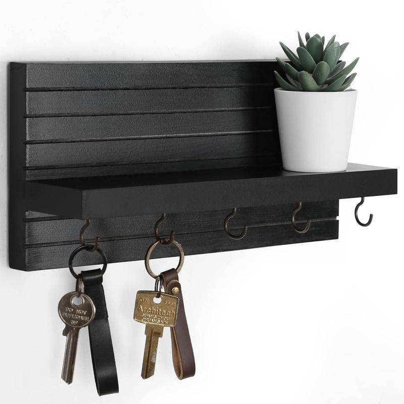 Decorative Key Holder for Wall with Shelf, Entryway Shelf with Hooks Holds Leashes, Jackets and Glasses – Sturdy Wood Keyholder Entrance Hanger with Mounting Hardware (11.8” x 5.5” x 3.1”) (Black) Shelves Hanging