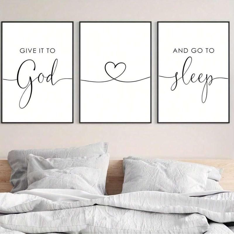 Bible Verse Themed Canvas Painting without Frame, 3 Counts set Give It To God and Go To Sleep Letter & Heart Pattern Wall Art, Wall Decor for Home Bedroom