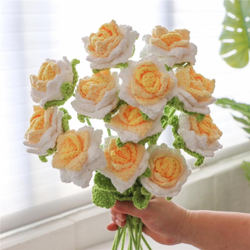 Artificial Rose Bouquet without Vase, 12pcs Handmade Woven Artificial Flower, Decorative Flower for Home Party & Wedding, Flowers Bouquet Bedroom Decor, Roses Bouquet  Flower Arrangement