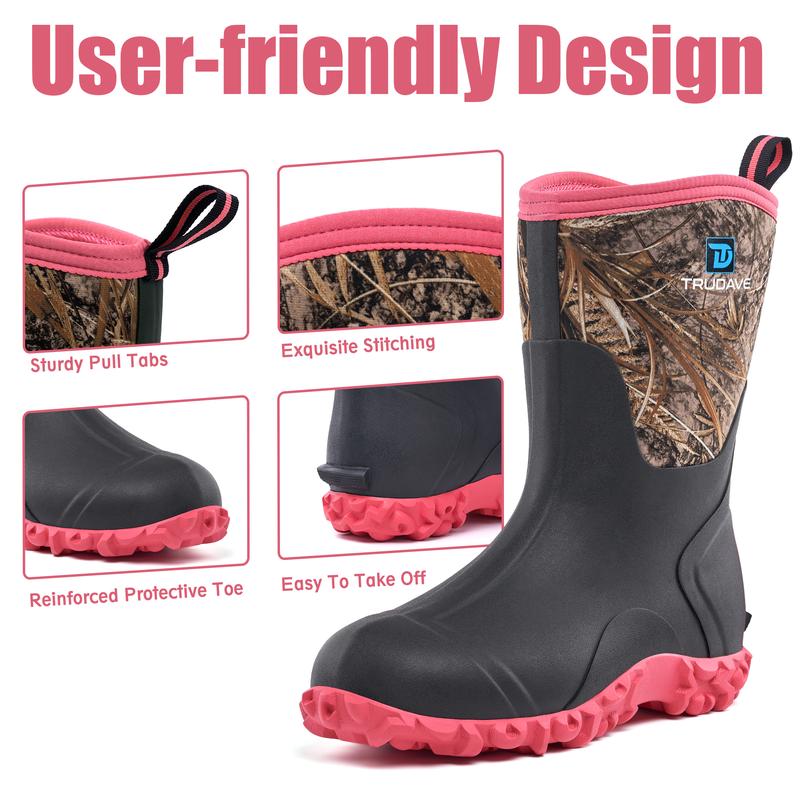 TruDave Rubber Boots for Women with Steel Shank, 6mm Neoprene Mid Calf Rain Boots, Waterproof Insulated Mud Work Boots All Season Comfortable