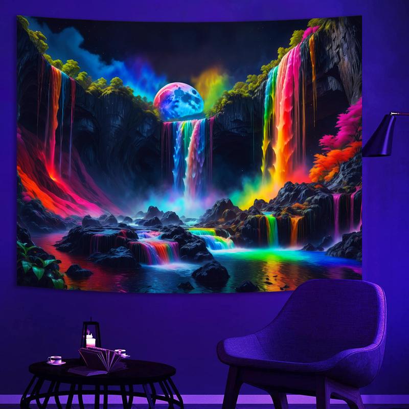 Blacklight Fantasy Waterfall Planet Tapestry UV Reactive Nature Tapestry Neon Landscape Mountain Wave Tapestry Wall Hanging