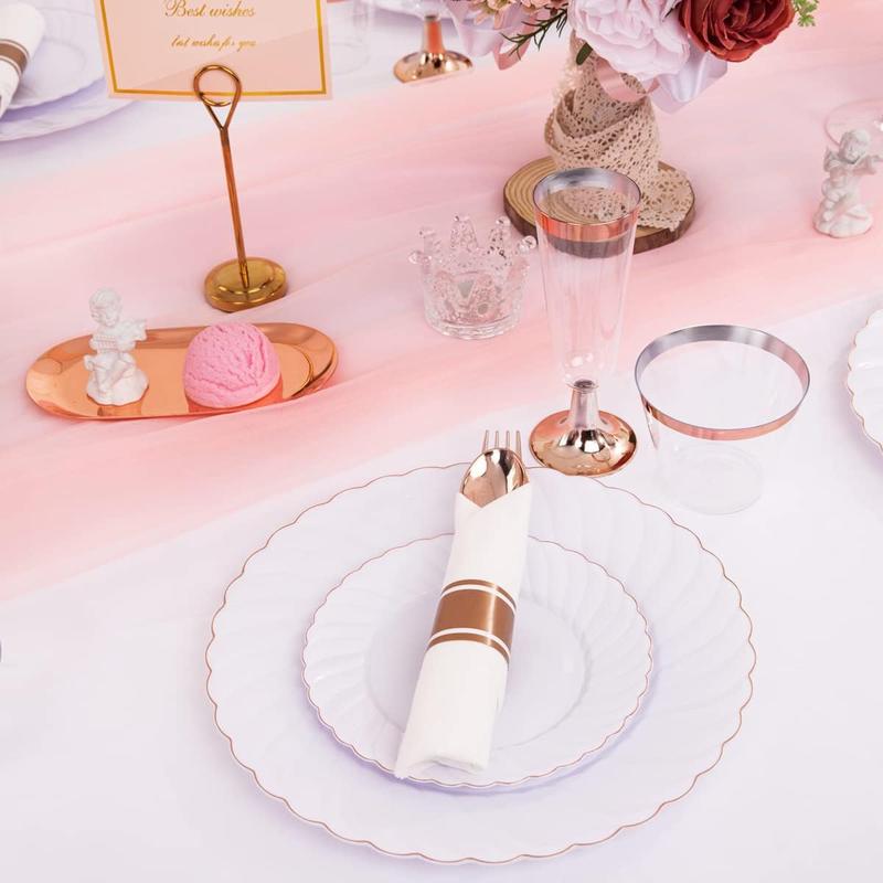 Wellife 350PCS Rose Gold Gold Plastic Plates-Disposable White and Rose Gold Plates include 100Plates,50 Pack Pre Rolled Napkins with Rose Gold Plastic Silverware and 50Cups Perfect for Wedding Parties