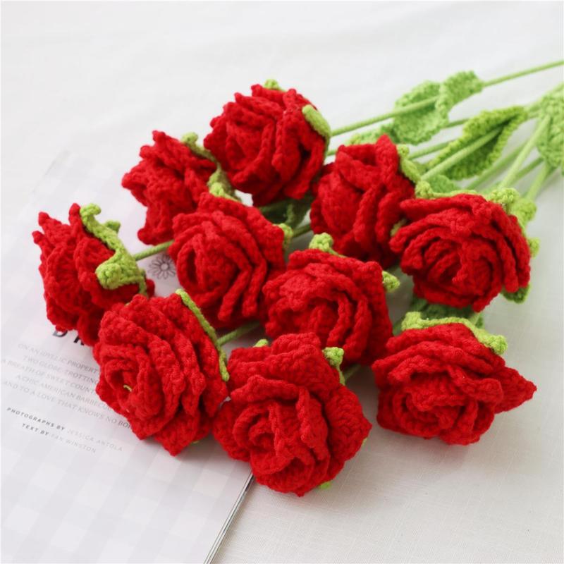 Artificial Rose Bouquet without Vase, 12pcs Handmade Woven Artificial Flower, Decorative Flower for Home Party & Wedding, Flowers Bouquet Bedroom Decor, Roses Bouquet  Flower Arrangement