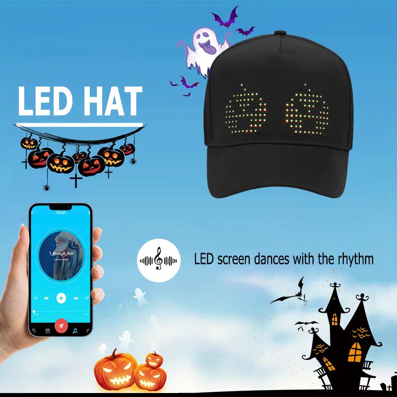 LED Display Hat Programmable Pattern Gif Baseball Cap for Men and Women Halloween Party Club Logo Help Street Parade Sun Protection Gift Mask (Black)