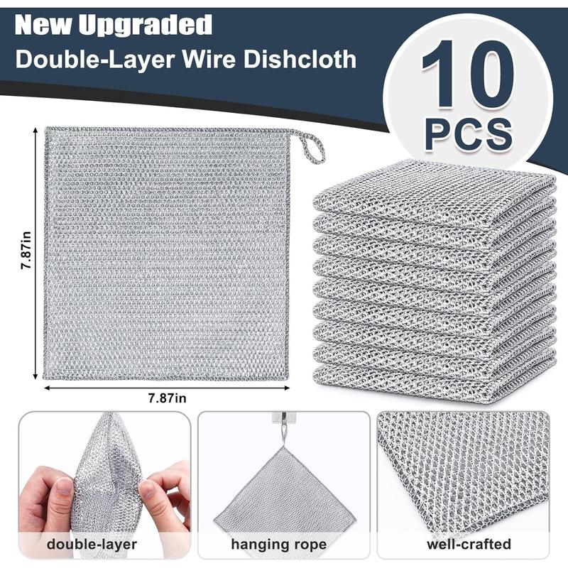 10 Count New Upgrade Steel Wire Dishcloth,Double-Layer Steel Wire Cleaning Cloth,Powerful Cleaning Non-Scratch Wire Dishcloth Rag for Cookware, Sinks, Dishes, Stove Tops Kitchen Traditional