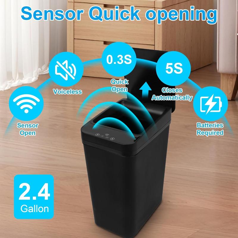 Bathroom Trash can,Smart Touchless Trash Can,Automatic Motion Sensor Compost Bin with Lid,2.4 Gallon Plastic PP Rubbish Can, Kitchen, Bathroom, Office, Bedroom Trash can (Black) Household