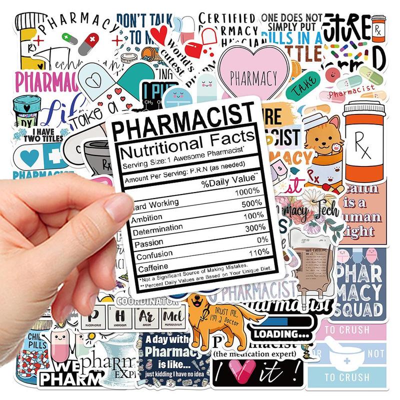 50pcs Set Cartoon Pharmacist Series Sticker, Waterproof Self Adhesive Decor Paper, Decor Sticker for Gift Greeting Card Water Bottle Laptop Phone