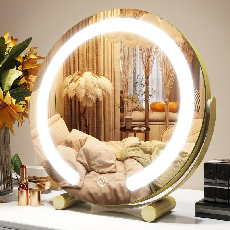 FENNIO Gold Vanity Mirror, 12 Inch Makeup Mirror with Lights, Large Lighted Vanity Mirror, Light Up Mirror with Smart Touch 3 Colors Dimmable, Tabletop Mirror, 360° Rotation Decor Gift