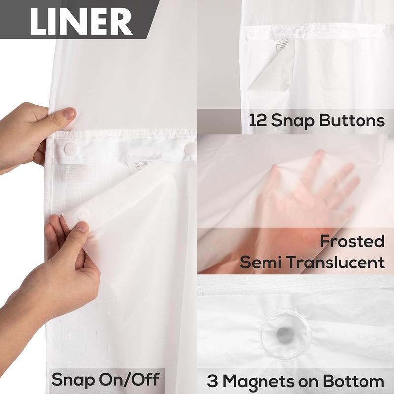 Waterproof Snap-in Shower Curtain Liner Replacement: No Hook Shower Curtain Liner Removable to Attach and Snap On Off, Frost, 70x54