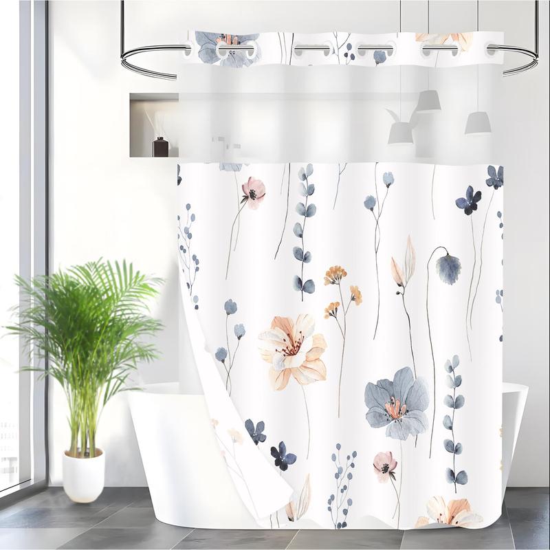 Floral Print Shower Curtain, 1 Count Waterproof Shower Curtain with Hooks, Bathroom Curtain, Bathroom Supplies for Home Use