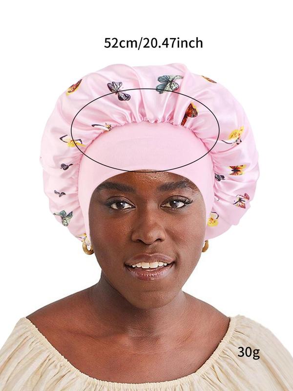 2pcs Butterfly Pattern Ruched Design Satin Bonnet, Fashion Shower Cap, Sleeping Cap for Long Curly Hair