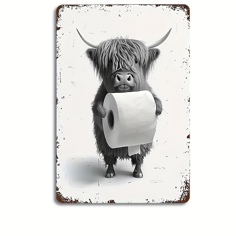 Charming Highland Cow Bathroom Wall Art - Quirky Farmhouse Decor - Funny Restroom Sign for Home, Cafe, Restaurant - 12x8 Inches