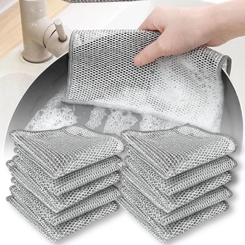 10 Pack Multifunctional Non-Scratch Wire Dishcloth for Kitchen - Silver Wire Washing Cloth Rags