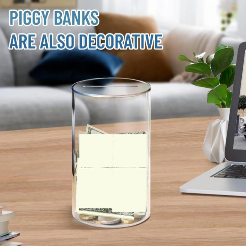 Clear Acrylic Piggy Bank, Cylindrical Piggy Bank for Home Decor,  Money Jar Room Decor, Summer Unopenable Acrylic Savings Jar, Money Saving Jar for Home Office, Bedroom Decor, Fall Decor