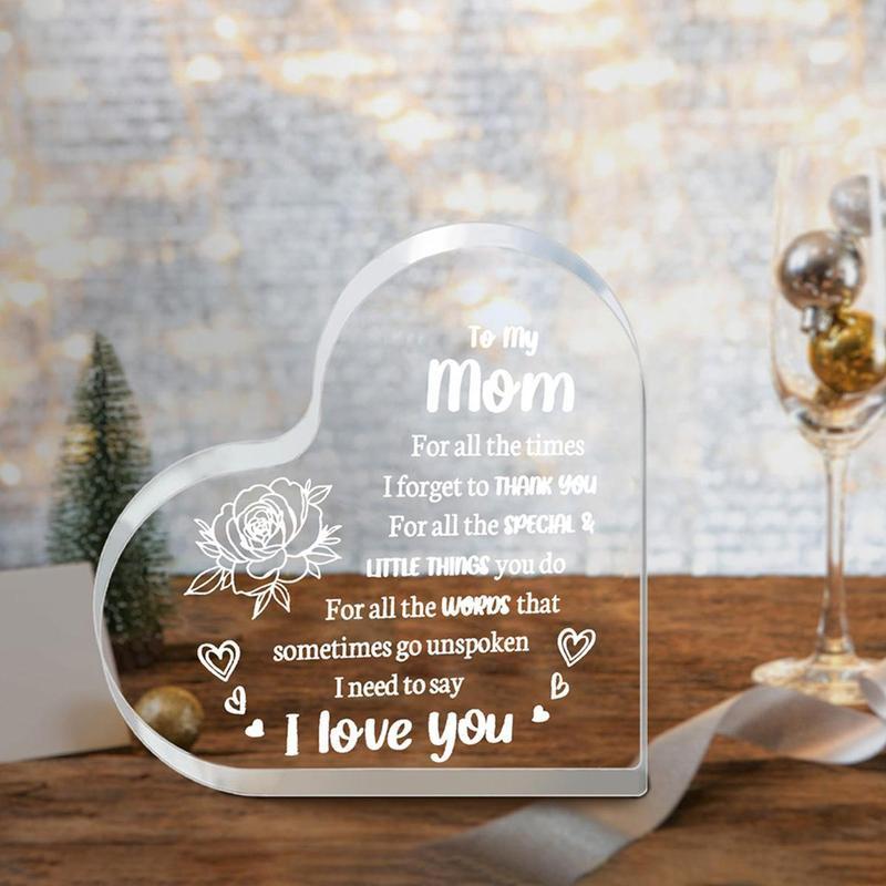 Heart Shaped Acrylic Block, Flower & Letter Pattern Decorative Ornament, Inspirational Creative Gift for Mom Room Decoration