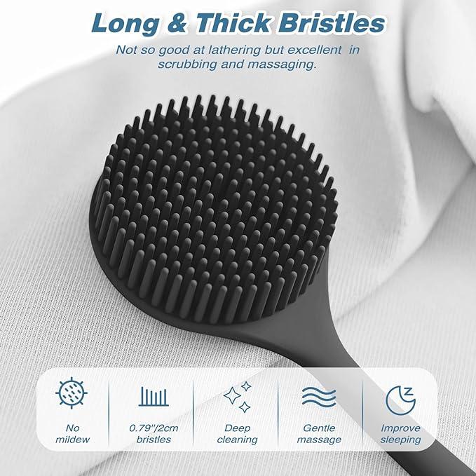 Silicone Back Scrubber(Thick Bristles) & Soft Bath Glove Set, Super-Exfoliating Body Scrubber & Super-Lathering Shower Brush Combination, with a Free Hook.(Black)