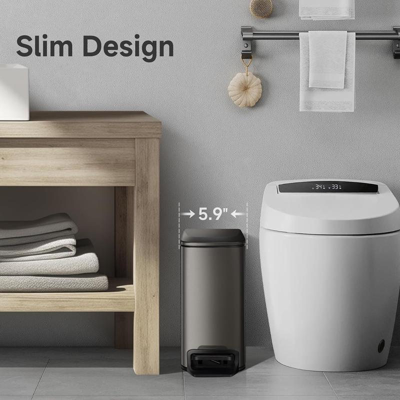 Slim Bathroom Trash Can with Lid Soft Close, 6 Liter   1.6 Gallon Stainless Steel Garbage Can with Removable Inner Bucket, Step Pedal, Small Trash Cans for Bedroom, Office, Kitchen