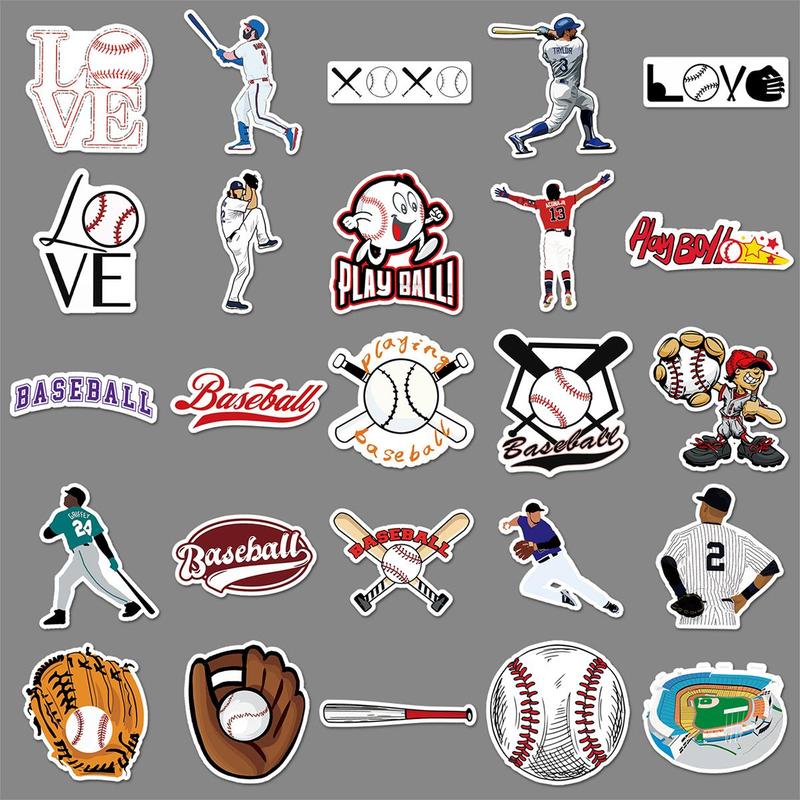 50pcs Random Baseball Pattern Sticker, Waterproof Self Adhesive Decor Paper, Decor Sticker for Gift Greeting Card Water Bottle Laptop Phone