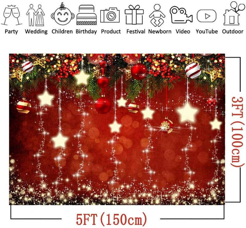 Red Christmas Theme Sparkling Photography Backdrops Snowflake Xmas Ball 5x3ft Happy New Year Family Party Decoration Photo Star Background   Portrait Photo Booth Studio Props Banner